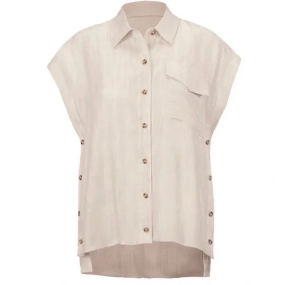 Cabi Cream Linen Blend Button Up Top Small